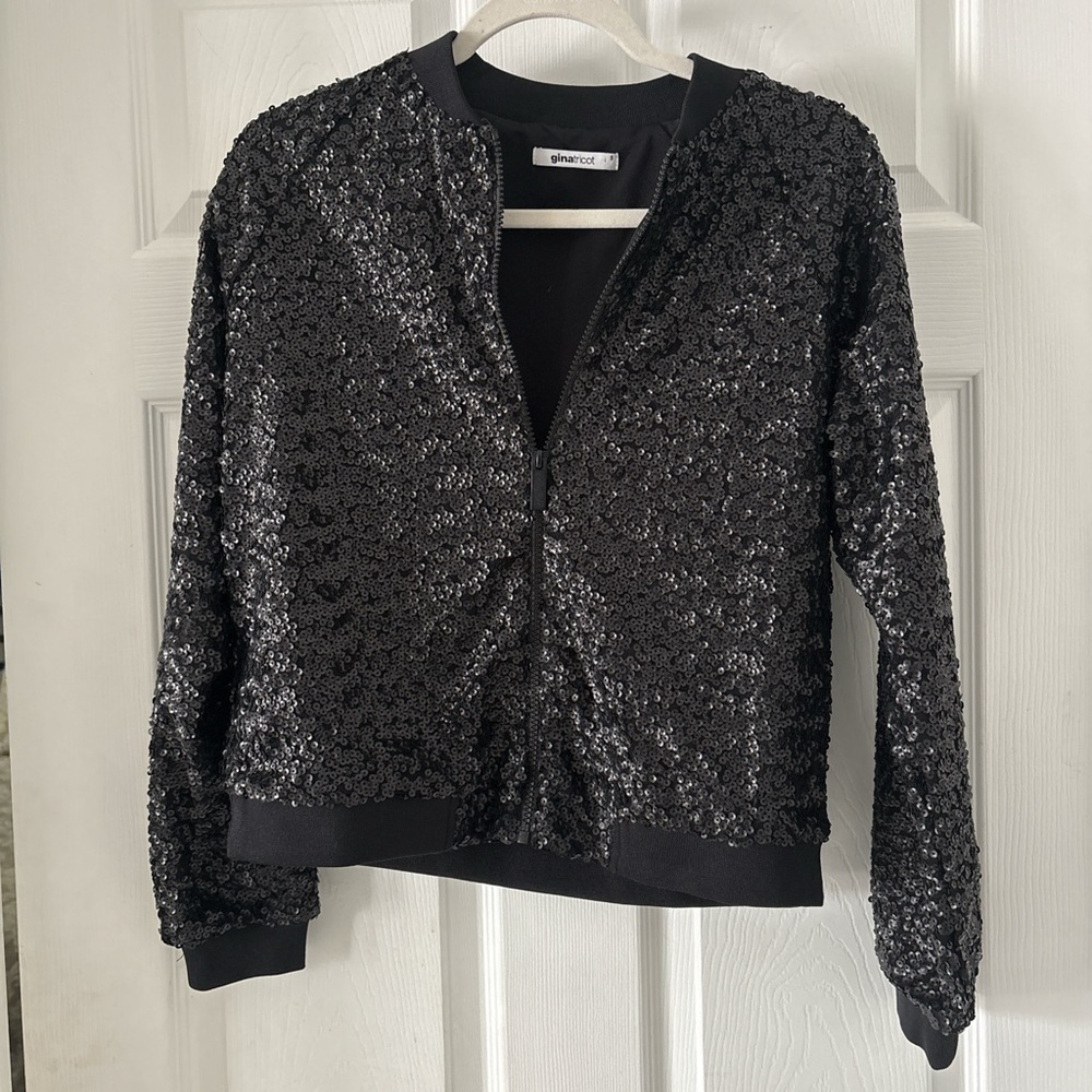 Gina Tricot Black Sequin Bomber‎ Jacket – Statement Party Jacket size Small